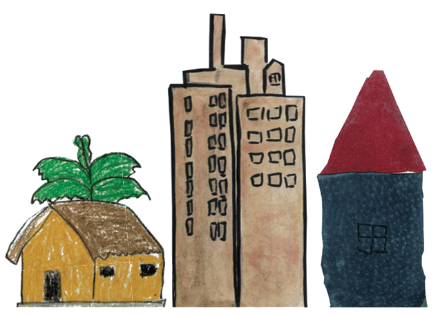 disegno di una capanna, un grattacielo e una casa