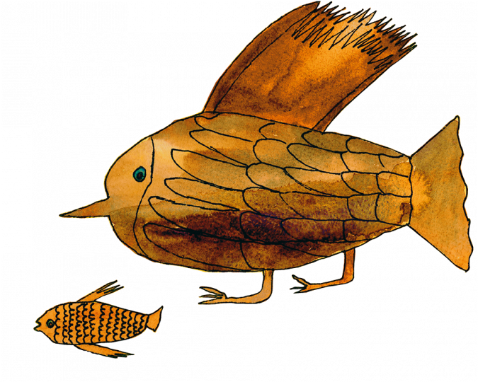 disegno di un uccello e un pesce dorati